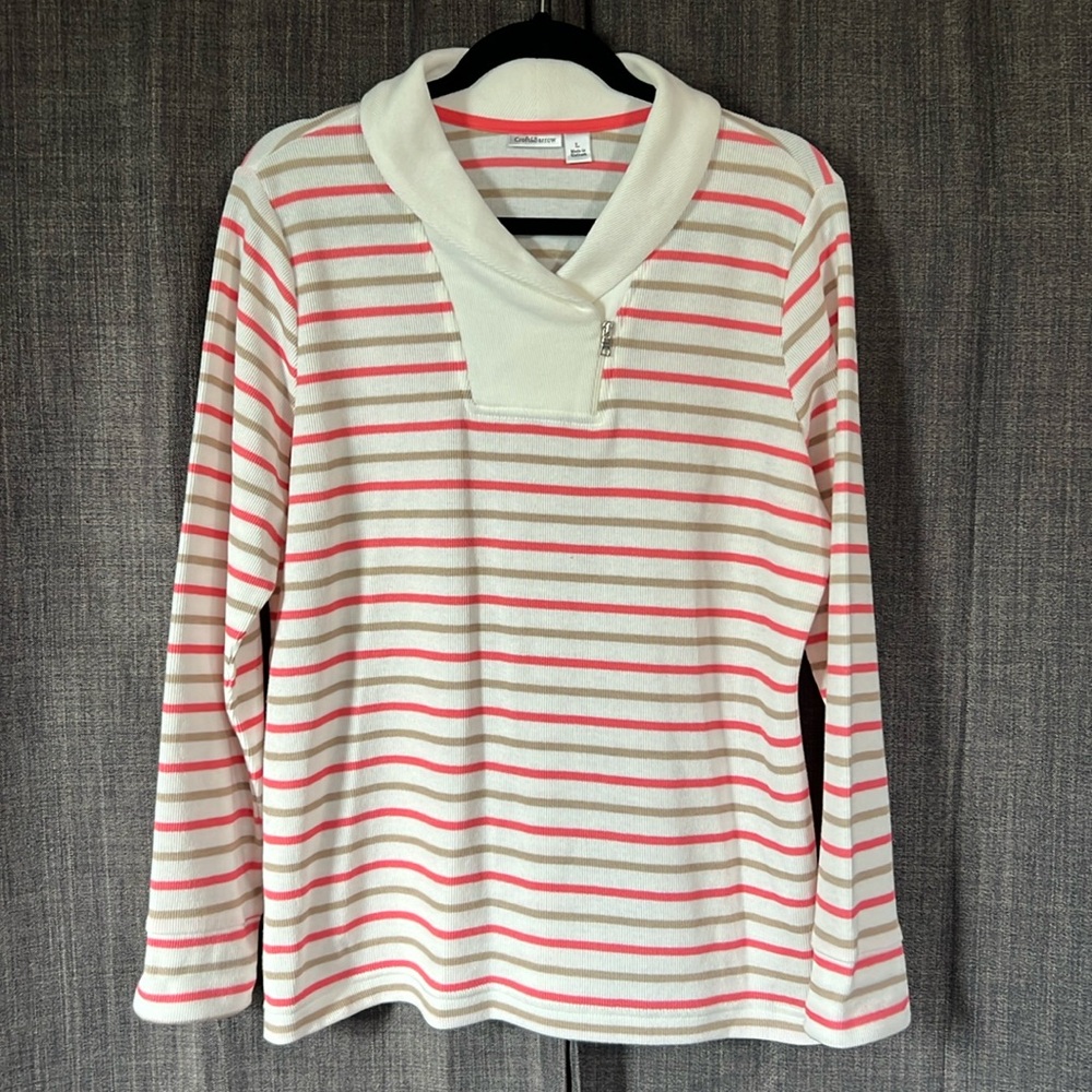 Croft & barrow white pink tan striped sweater with zipper detailed collar large